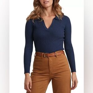 Marine Layer Deserae Knit Polo Ribbed Polo Sweater Dark Navy Size Medium